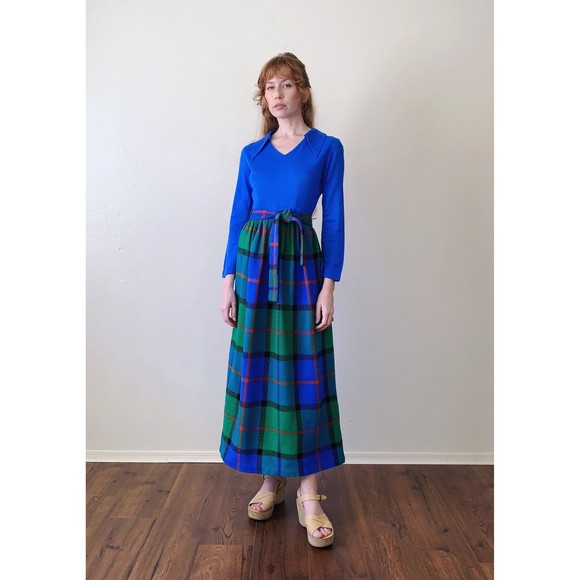 vintage 70s small tartan plaid mod maxi dress - Picture 2 of 10